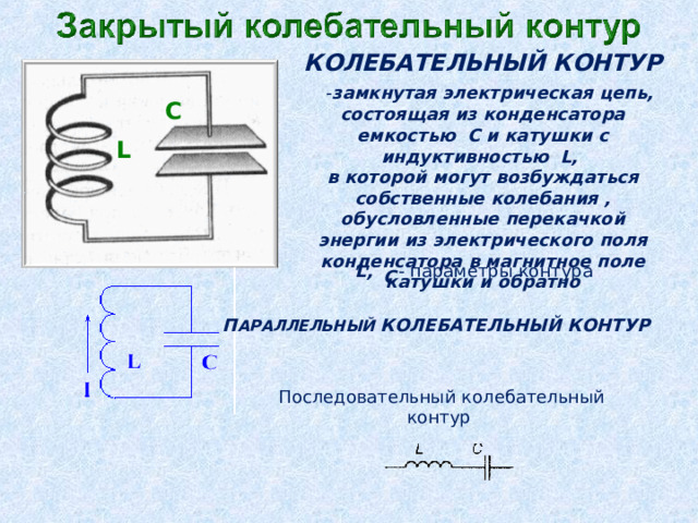 КОЛЕБАТЕЛЬНЫЙ КОНТУР   - замкнутая электрическая цепь, состоящая из конденсатора емкостью С и катушки с индуктивностью L, в которой могут возбуждаться собственные колебания , обусловленные перекачкой энергии из электрического поля конденсатора в магнитное поле катушки и обратно C L L, - параметры контура С П АРАЛЛЕЛЬНЫЙ КОЛЕБАТЕЛЬНЫЙ КОНТУР Последовательный колебательный контур  