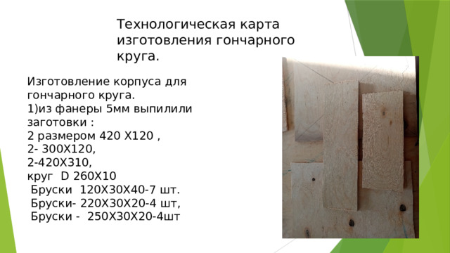 Технологическая карта изготовления гончарного круга. Изготовление корпуса для гончарного круга. 1)из фанеры 5мм выпилили заготовки : 2 размером 420 Х120 , 2- 300Х120, 2-420Х310, круг D 260Х10  Бруски 120Х30Х40-7 шт.  Бруски- 220Х30Х20-4 шт,  Бруски - 250Х30Х20-4шт  