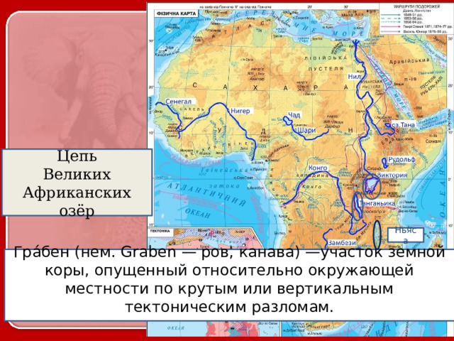 Цепь Великих Африканских озёр Ньяса Гра́бен (нем. Graben — ров, канава) —участок земной коры, опущенный относительно окружающей местности по крутым или вертикальным тектоническим разломам. 