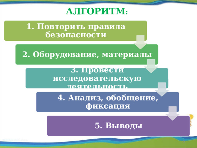 АЛГОРИТМ : 1. Повторить правила безопасности 2. Оборудование, материалы 3. Провести исследовательскую деятельность 4. Анализ, обобщение, фиксация 5. Выводы 4 5 