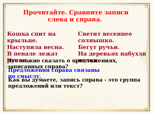 Прочитайте. Сравните записи слева и справа. Кошка спит на крыльце. Светит весеннее солнышко. Наступила весна. Бегут ручьи. В пенале лежат ручки. На деревьях набухли почки. Что можно сказать о предложениях, записанных справа? Предложения справа связаны по смыслу. Как вы думаете, запись справа - это группа предложений или текст? 
