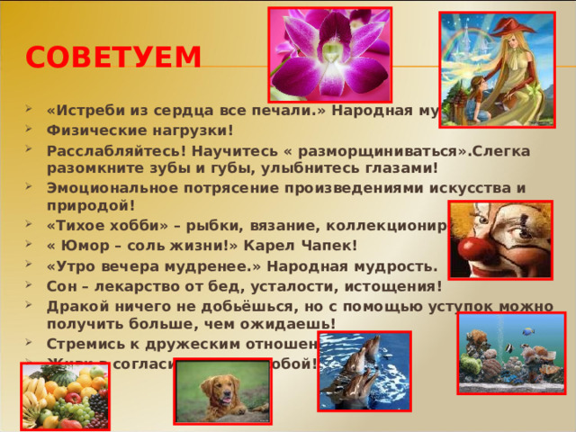 СОВЕТУЕМ «Истреби из сердца все печали.» Народная мудрость. Физические нагрузки! Расслабляйтесь! Научитесь « разморщиниваться».Слегка разомкните зубы и губы, улыбнитесь глазами! Эмоциональное потрясение произведениями искусства и природой! «Тихое хобби» – рыбки, вязание, коллекционирование! « Юмор – соль жизни!» Карел Чапек! «Утро вечера мудренее.» Народная мудрость. Сон – лекарство от бед, усталости, истощения! Дракой ничего не добьёшься, но с помощью уступок можно получить больше, чем ожидаешь! Стремись к дружеским отношениям! Живи в согласии с самим собой! 