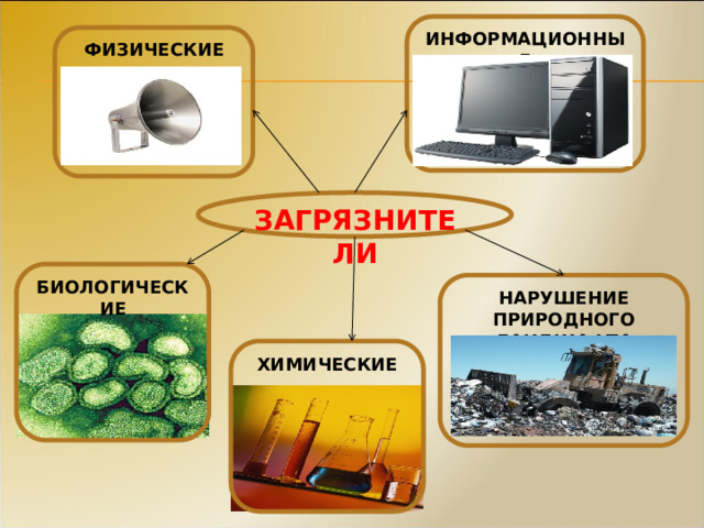 ИНФОРМАЦИОННЫЕ ФИЗИЧЕСКИЕ ЗАГРЯЗНИТЕЛИ БИОЛОГИЧЕСКИЕ НАРУШЕНИЕ ПРИРОДНОГО ЛАНДШАФТА ХИМИЧЕСКИЕ 