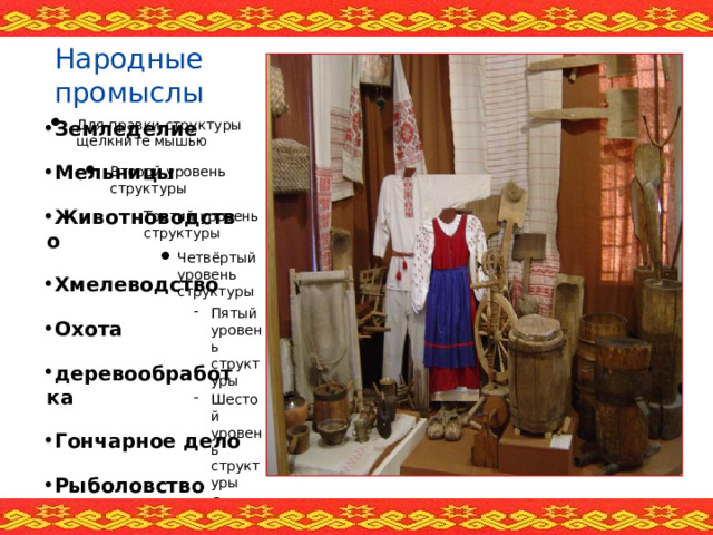 Народные промыслы Земледелие Мельницы Животноводство Хмелеводство Охота деревообработка Гончарное дело Рыболовство  Пчеловодство  Обработка волокна Обработка шерсти и изготовление шерстяных изделий.  