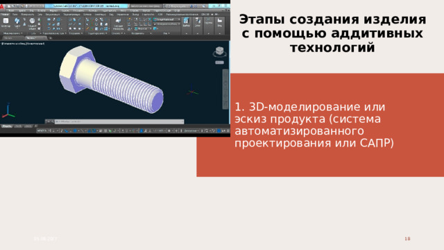 Этапы создания изделия с помощью аддитивных технологий 1. 3D-моделирование или эскиз продукта (система автоматизированного проектирования или САПР) 05.08.20ГГ 1 