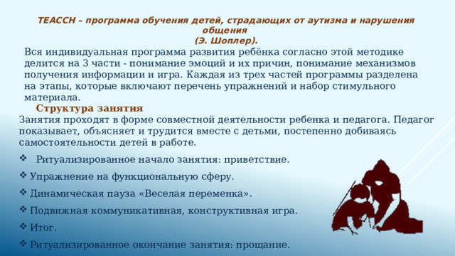 ТЕАССН – программа обучения детей, страдающих от аутизма и нарушения общения (Э. Шоплер). Вся индивидуальная программа развития ребёнка согласно этой методике делится на 3 части - понимание эмоций и их причин, понимание механизмов получения информации и игра. Каждая из трех частей программы разделена на этапы, которые включают перечень упражнений и набор стимульного материала. Структура занятия  Занятия проходят в форме совместной деятельности ребенка и педагога. Педагог показывает, объясняет и трудится вместе с детьми, постепенно добиваясь самостоятельности детей в работе.   Ритуализированное начало занятия: приветствие. Упражнение на функциональную сферу. Динамическая пауза «Веселая переменка». Подвижная коммуникативная, конструктивная игра. Итог. Ритуализированное окончание занятия: прощание. 