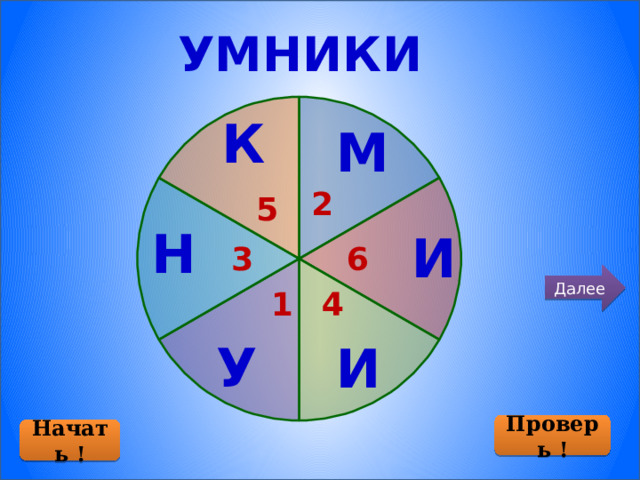 К УМНИКИ М Н И 2 5 3 6 И Далее 1 4 У Проверь ! Начать ! 