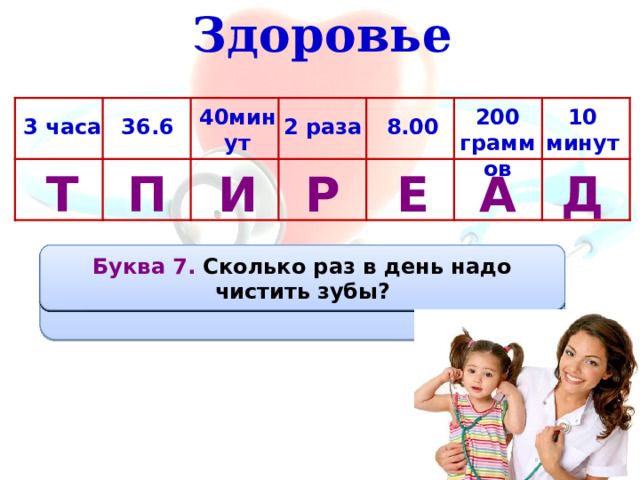 Здоровье 200 граммов 10 минут 40минут 36.6 2 раза 8.00 3 часа А Д Р Е И П Т  Буква 7. Сколько раз в день надо чистить зубы?      Буква 3. Сколько минут надо измерять температуру тела человека.   Буква 4. Продолжительность урока в школе.   Буква 2. Время начала работы поликлиники.    Буква 6. Сколько часов работает врач на приёме больных с 8.00 до 11.00?   Буква 1. Нормальная температура тела человека.   Буква 5. Сколько граммов воды содержится в стакане?    