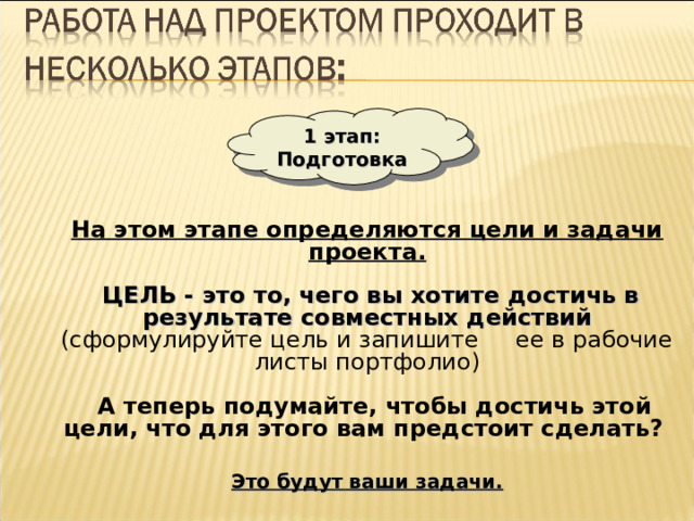 1 этап: Подготовка На этом этапе определяются цели и задачи проекта.    ЦЕЛЬ - это то, чего вы хотите достичь в результате совместных действий  (сформулируйте цель и запишите ее в рабочие листы портфолио)  А теперь подумайте, чтобы достичь этой цели, что для этого вам предстоит сделать?   Это будут ваши задачи. 