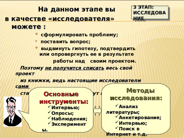 На данном этапе вы в качестве «исследователя» можете :  сформулировать проблему;  поставить вопрос;  выдвинуть гипотезу, подтвердить или опровергнуть ее в результате  сформулировать проблему;  поставить вопрос;  выдвинуть гипотезу, подтвердить или опровергнуть ее в результате  сформулировать проблему;  поставить вопрос;  выдвинуть гипотезу, подтвердить или опровергнуть ее в результате  работы над своим проектом.  работы над своим проектом. Поэтому не получится списать весь свой проект из книжки, ведь настоящие исследователи с ами ставят вопросы и сами ищут на них ответы!   Поэтому не получится списать весь свой проект из книжки, ведь настоящие исследователи с ами ставят вопросы и сами ищут на них ответы!   3 ЭТАП: ИССЛЕДОВАНИЕ Методы исследования:  Анализ литературы; Анкетирование; Интервью; Поиск в Интернет и т.д.  Основные инструменты: Интервью; Опросы; Наблюдения; Эксперименты. Интервью; Опросы; Наблюдения; Эксперименты. 