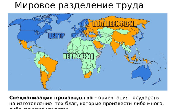 Мировое разделение труда Специализация производства – ориентация государств на изготовление тех благ, которые произвести либо много, либо лучшего качества 