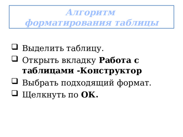 Алгоритм  форматирования таблицы Выделить таблицу. Открыть вкладку Работа с таблицами -Конструктор Выбрать подходящий формат. Щелкнуть по  ОК. 