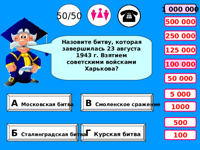 50/50 1 000 000 500 000 250 000 Назовите битву, которая завершилась 23 августа 1943 г. Взятием советскими войсками Харькова? 125 000 100 000 50 000 5 000 А Московская битва В Смоленское сражение 1000 500 Б Сталинградская битва Г Курская битва 100 
