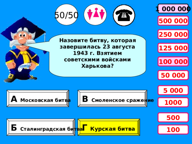 50/50 1 000 000 500 000 250 000 Назовите битву, которая завершилась 23 августа 1943 г. Взятием советскими войсками Харькова? 125 000 100 000 50 000 5 000 А Московская битва В Смоленское сражение 1000 500 Б Сталинградская битва Г Курская битва 100 