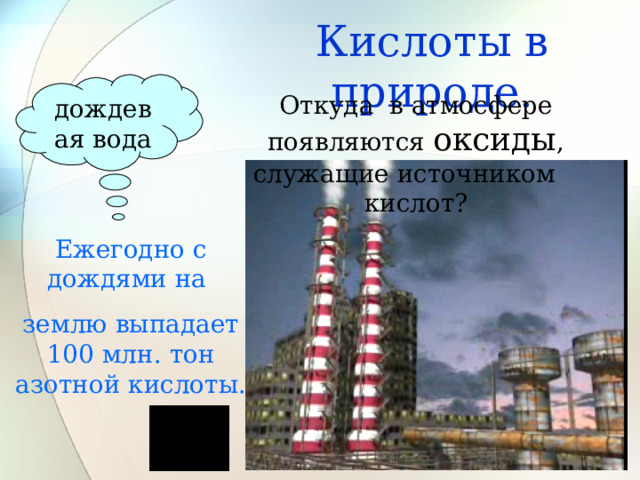 Кислоты в природе. дождевая вода Откуда в атмосфере появляются оксиды , служащие источником кислот? Ежегодно с дождями на землю выпадает 100 млн. тон азотной кислоты. 