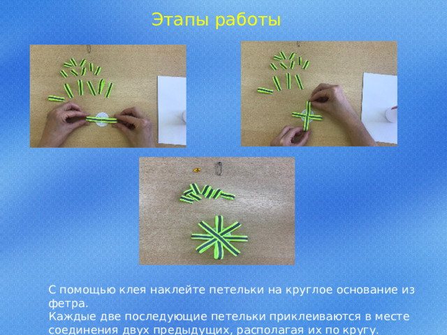 Этапы работы С помощью клея наклейте петельки на круглое основание из фетра. Каждые две последующие петельки приклеиваются в месте соединения двух предыдущих, располагая их по кругу. 