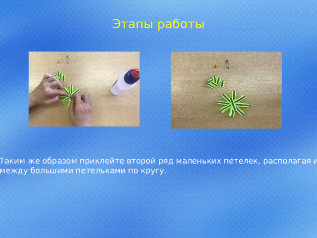Этапы работы Таким же образом приклейте второй ряд маленьких петелек, располагая их между большими петельками по кругу. 