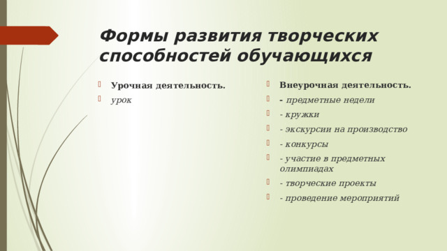 Формы развития творческих способностей обучающихся Внеурочная деятельность. - предметные недели - кружки - экскурсии на производство - конкурсы - участие в предметных олимпиадах - творческие проекты - проведение мероприятий Урочная деятельность. урок 