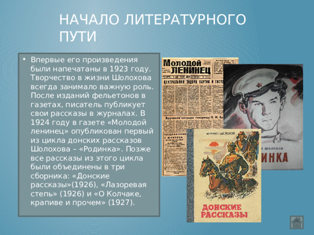 Начало литературного пути Впервые его произведения были напечатаны в 1923 году. Творчество в жизни Шолохова всегда занимало важную роль. После изданий фельетонов в газетах, писатель публикует свои рассказы в журналах. В 1924 году в газете «Молодой ленинец» опубликован первый из цикла донских рассказов Шолохова – «Родинка». Позже все рассказы из этого цикла были объединены в три сборника: «Донские рассказы»(1926), «Лазоревая степь» (1926) и «О Колчаке, крапиве и прочем» (1927). 