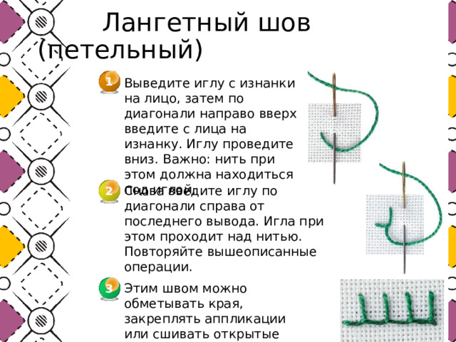  Лангетный шов (петельный) 1 Выведите иглу с изнанки на лицо, затем по диагонали направо вверх введите с лица на изнанку. Иглу проведите вниз. Важно: нить при этом должна находиться под иглой. Снова введите иглу по диагонали справа от последнего вывода. Игла при этом проходит над нитью. Повторяйте вышеописанные операции. 2 Этим швом можно обметывать края, закреплять аппликации или сшивать открытые срезы. 3 3 