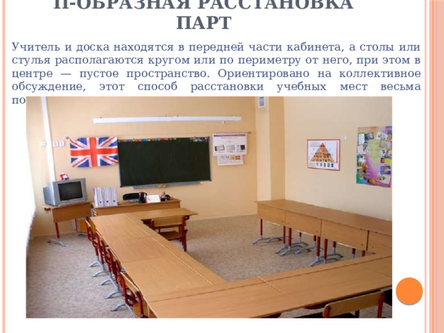 П-образная расстановка парт   Учитель и доска находятся в передней части кабинета, а столы или стулья располагаются кругом или по периметру от него, при этом в центре — пустое пространство. Ориентировано на коллективное обсуждение, этот способ расстановки учебных мест весьма популярен. 