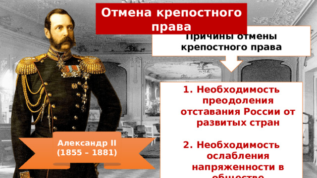 Отмена крепостного права Причины отмены крепостного права Необходимость преодоления отставания России от развитых стран  Необходимость ослабления напряженности в обществе Александр II (1855 – 1881) 