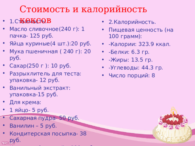 Стоимость и калорийность кексов 1.Стоимость. Масло сливочное(240 г): 1 пачка- 125 руб. Яйца куриные(4 шт.):20 руб. Мука пшеничная ( 240 г): 20 руб. Сахар(250 г ): 10 руб. Разрыхлитель для теста: упаковка- 12 руб. Ванильный экстракт: упаковка-15 руб. Для крема: 1 яйцо- 5 руб. Сахарная пудра- 50 руб. Ванилин – 5 руб. Кондитерская посыпка- 38 руб. Итого: на 8 порций – 300 руб.  2.Калорийность. Пищевая ценность (на 100 грамм): -Калории: 323.9 ккал. -Белки: 6.3 гр. -Жиры: 13.5 гр. -Углеводы: 44.3 гр. Число порций: 8  