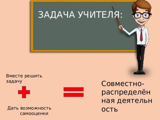 ЗАДАЧА УЧИТЕЛЯ: Вместе решить задачу ​ Совместно-распределённая деятельность  Дать возможность         самооценки ​ 
