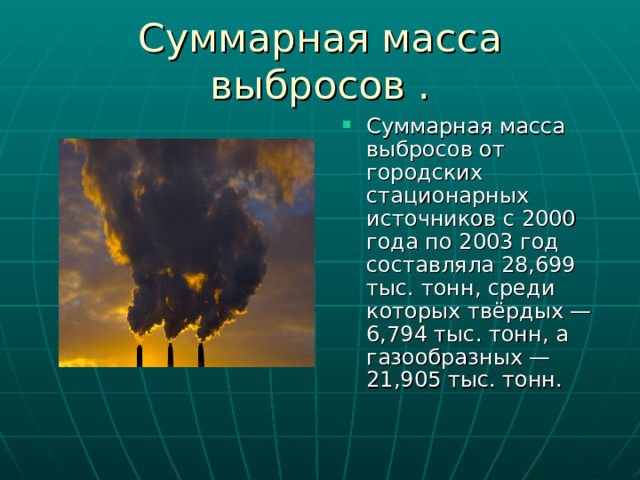 Суммарная масса выбросов . Суммарная масса выбросов от городских стационарных источников с 2000 года по 2003 год составляла 28,699 тыс. тонн, среди которых твёрдых — 6,794 тыс. тонн, а газообразных — 21,905 тыс. тонн. 