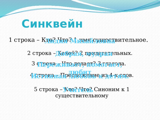 Синквейн 1 строка – Кто? Что? 1 имя существительное . Лидия Михайловна 2 строка – Какой? 2 прилагательных. Добрая, мудрая 3 строка – Что делает? 3 глагола. Переживает, помогает, любит 4 строка – Предложение из 4-х слов. Истинная любовь к детям. 5 строка – Кто? Что? Синоним к 1 существительному Учитель 