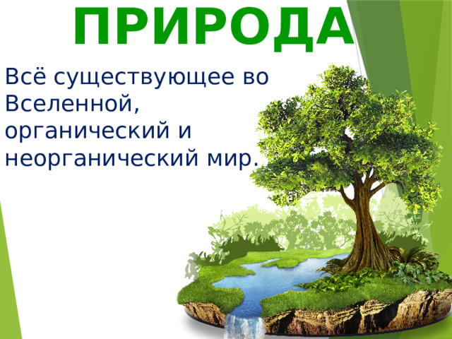 ПРИРОДА Всё существующее во Вселенной, органический и неорганический мир.  