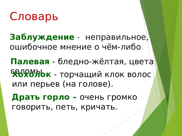 Словарь Заблуждение -   неправильное, ошибочное мнение о чём-либо Палевая - бледно-жёлтая, цвета соломы.  Хохолок - торчащий клок волос или перьев (на голове).  Драть горло – очень громко говорить, петь, кричать. 
