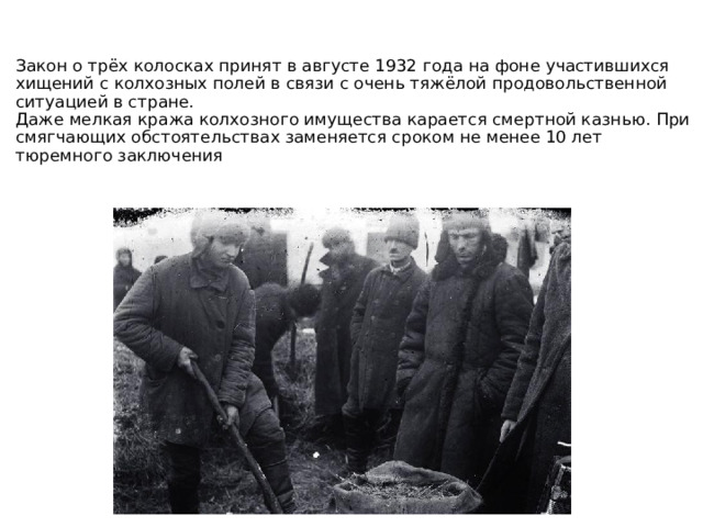 Закон о трёх колосках принят в августе 1932 года на фоне участившихся хищений с колхозных полей в связи с очень тяжёлой продовольственной ситуацией в стране.  Даже мелкая кража колхозного имущества карается смертной казнью. При смягчающих обстоятельствах заменяется сроком не менее 10 лет тюремного заключения    