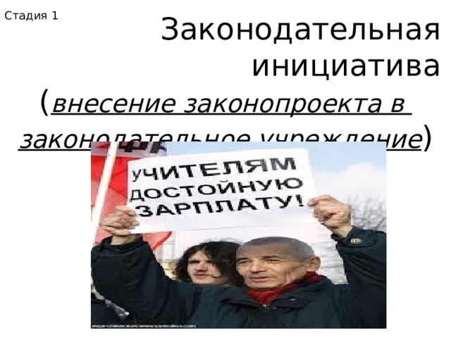 Стадия 1 Законодательная инициатива ( внесение законопроекта в законодательное учреждение ) 