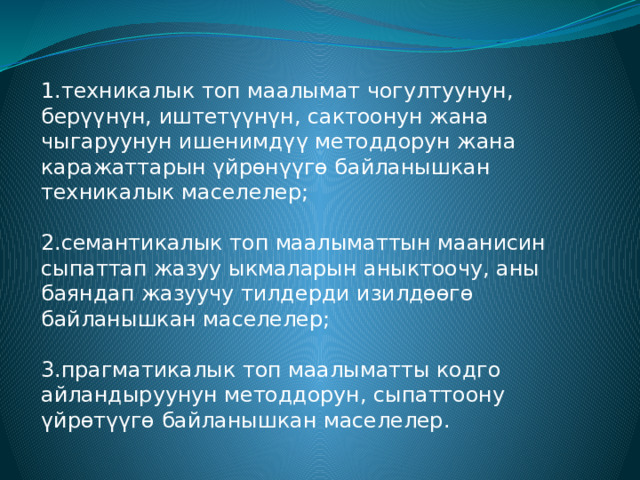 1.техникалык топ маалымат чогултуунун, берүүнүн, иштетүүнүн, сактоонун жана чыгаруунун ишенимдүү методдорун жана каражаттарын үйрөнүүгө байланышкан техникалык маселелер;   2.семантикалык топ маалыматтын маанисин сыпаттап жазуу ыкмаларын аныктоочу, аны баяндап жазуучу тилдерди изилдөөгө байланышкан маселелер;   3.прагматикалык топ маалыматты кодго айландыруунун методдорун, сыпаттоону үйрөтүүгө байланышкан маселелер. 