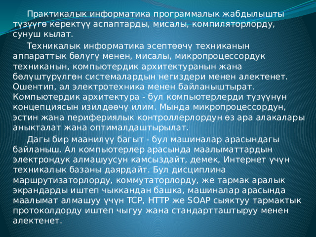  Практикалык информатика программалык жабдылышты түзүүгө керектүү аспаптарды, мисалы, компиляторлорду, сунуш кылат.  Техникалык информатика эсептөөчү техниканын аппараттык бөлүгү менен, мисалы, микропроцессордук техниканын, компьютердик архитектуранын жана бөлүштүрүлгөн системалардын негиздери менен алектенет. Ошентип, ал электротехника менен байланыштырат. Компьютердик архитектура - бул компьютерлерди түзүүнүн концепциясын изилдөөчү илим. Мында микропроцессордун, эстин жана перифериялык контроллерлордун өз ара алакалары аныкталат жана оптималдаштырылат.  Дагы бир маанилүү багыт - бул машиналар арасындагы байланыш. Ал компьютерлер арасында маалыматтардын электрондук алмашуусун камсыздайт, демек, Интернет үчүн техникалык базаны даярдайт. Бул дисциплина маршрутизаторлорду, коммутаторлорду, же тармак аралык экрандарды иштеп чыккандан башка, машиналар арасында маалымат алмашуу үчүн TCP, HTTP же SOAP сыяктуу тармактык протоколдорду иштеп чыгуу жана стандартташтыруу менен алектенет. 
