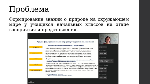 Проблема Формирование знаний о природе на окружающем мире у учащихся начальных классов на этапе восприятия и представления. 