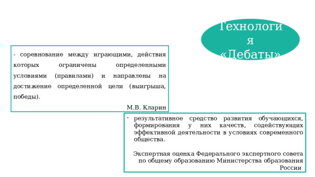 Технология «Дебаты» - соревнование между играющими, действия которых ограничены определенными условиями (правилами) и направлены на достижение определенной цели (выигрыша, победы). М.В. Кларин результативное средство развития обучающихся, формирования у них качеств, содействующих эффективной деятельности в условиях современного общества. Экспертная оценка Федерального экспертного совета по общему образованию Министерства образования России 