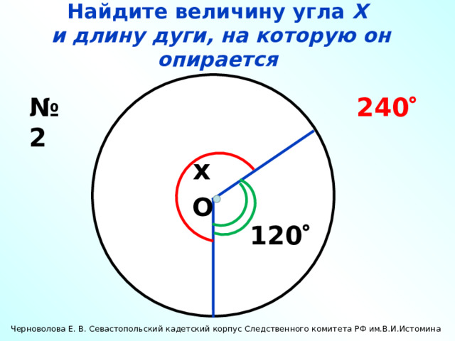 Найдите величину угла Х  и длину дуги, на которую он опирается № 2 240  x О 120  Черноволова Е. В. Севастопольский кадетский корпус Следственного комитета РФ им.В.И.Истомина 