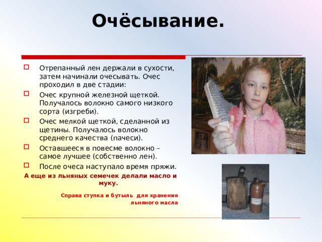   Очёсывание.     Отрепанный лен держали в сухости, затем начинали очесывать. Очес проходил в две стадии: Очес крупной железной щеткой. Получалось волокно самого низкого сорта (изгреби). Очес мелкой щеткой, сделанной из щетины. Получалось волокно среднего качества (пачеси). Оставшееся в повесме волокно – самое лучшее (собственно лен). После очеса наступало время пряжи. А еще из льняных семечек делали масло и муку.  Справа ступка и бутыль для хранения льняного масла 