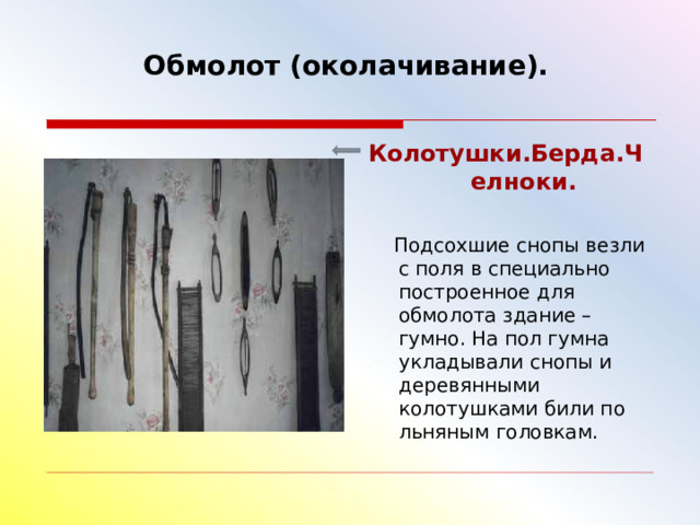             Обмолот (околачивание).     Колотушки.Берда.Челноки.  Подсохшие снопы везли с поля в специально построенное для обмолота здание – гумно. На пол гумна укладывали снопы и деревянными колотушками били по льняным головкам. 