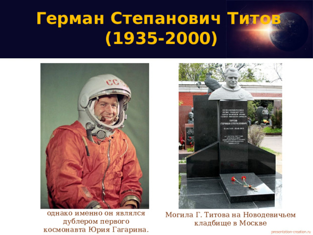 Герман Степанович Титов  (1935-2000) Могила Г. Титова на Новодевичьем кладбище в Москве Ему было всего 25 лет, однако именно он являлся дублером первого космонавта Юрия Гагарина. 