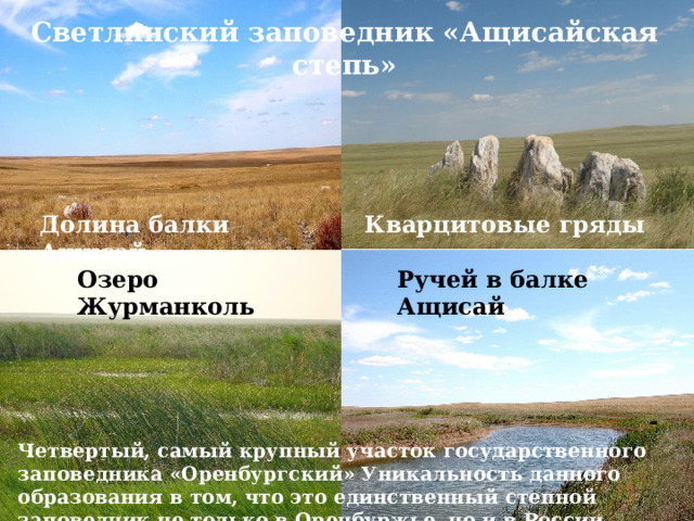 Светлинский заповедник «Ащисайская степь» Долина балки Ащисай Кварцитовые гряды Озеро Журманколь Ручей в балке Ащисай Четвертый, самый крупный участок государственного заповедника «Оренбургский» Уникальность данного образования в том, что это единственный степной заповедник не только в Оренбуржье, но и в России. 