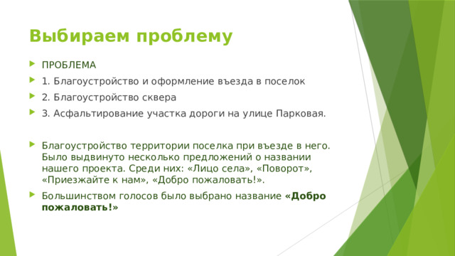 Выбираем проблему   ПРОБЛЕМА 1. Благоустройство и оформление въезда в поселок 2. Благоустройство сквера 3. Асфальтирование участка дороги на улице Парковая. Благоустройство территории поселка при въезде в него. Было выдвинуто несколько предложений о названии нашего проекта. Среди них: «Лицо села», «Поворот», «Приезжайте к нам», «Добро пожаловать!». Большинством голосов было выбрано название «Добро пожаловать!» 