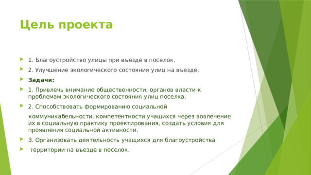 Цель проекта   1. Благоустройство улицы при въезде в поселок. 2. Улучшение экологического состояния улиц на въезде. Задачи: 1. Привлечь внимание общественности, органов власти к проблемам экологического состояния улиц поселка. 2. Способствовать формированию социальной  коммуникабельности, компетентности учащихся через вовлечение их в социальную практику проектирования, создать условия для проявления социальной активности. 3. Организовать деятельность учащихся для благоустройства  территории на въезде в поселок. 