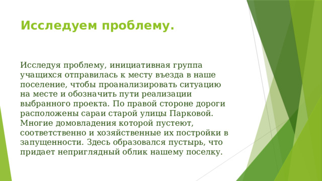 Исследуем проблему.   Исследуя проблему, инициативная группа учащихся отправилась к месту въезда в наше поселение, чтобы проанализировать ситуацию на месте и обозначить пути реализации выбранного проекта. По правой стороне дороги расположены сараи старой улицы Парковой. Многие домовладения которой пустеют, соответственно и хозяйственные их постройки в запущенности. Здесь образовался пустырь, что придает неприглядный облик нашему поселку.   