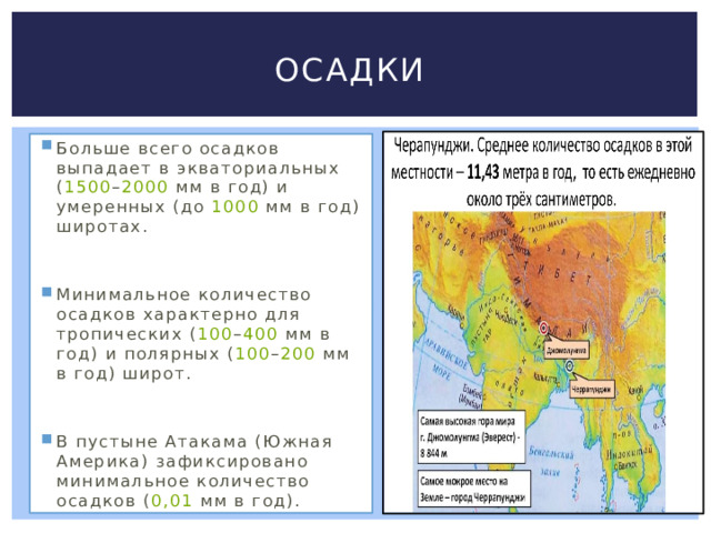 Осадки Больше всего осадков выпадает в экваториальных ( 1500 – 2000  мм в год) и умеренных (до  1000  мм в год) широтах. Минимальное количество осадков характерно для тропических ( 100 – 400  мм в год) и полярных ( 100 – 200  мм в год) широт. В пустыне Атакама (Южная Америка) зафиксировано минимальное количество осадков ( 0,01  мм в год). 