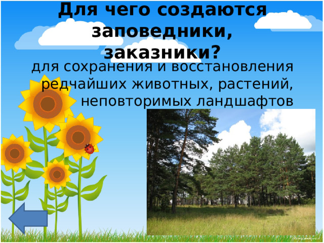 Для чего создаются заповедники, заказники?   для сохранения и восстановления редчайших животных, растений, неповторимых ландшафтов природы 