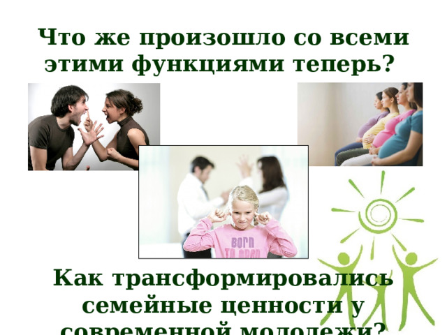 Что же произошло со всеми этими функциями теперь?        Как трансформировались семейные ценности у современной молодежи? 