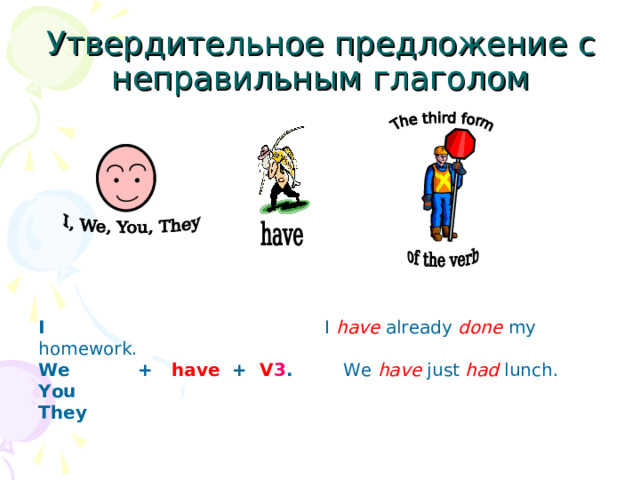 Утвердительное предложение  с неправильным глаголом I I have already done my homework. We + have + V 3 . We have just had lunch. You They 